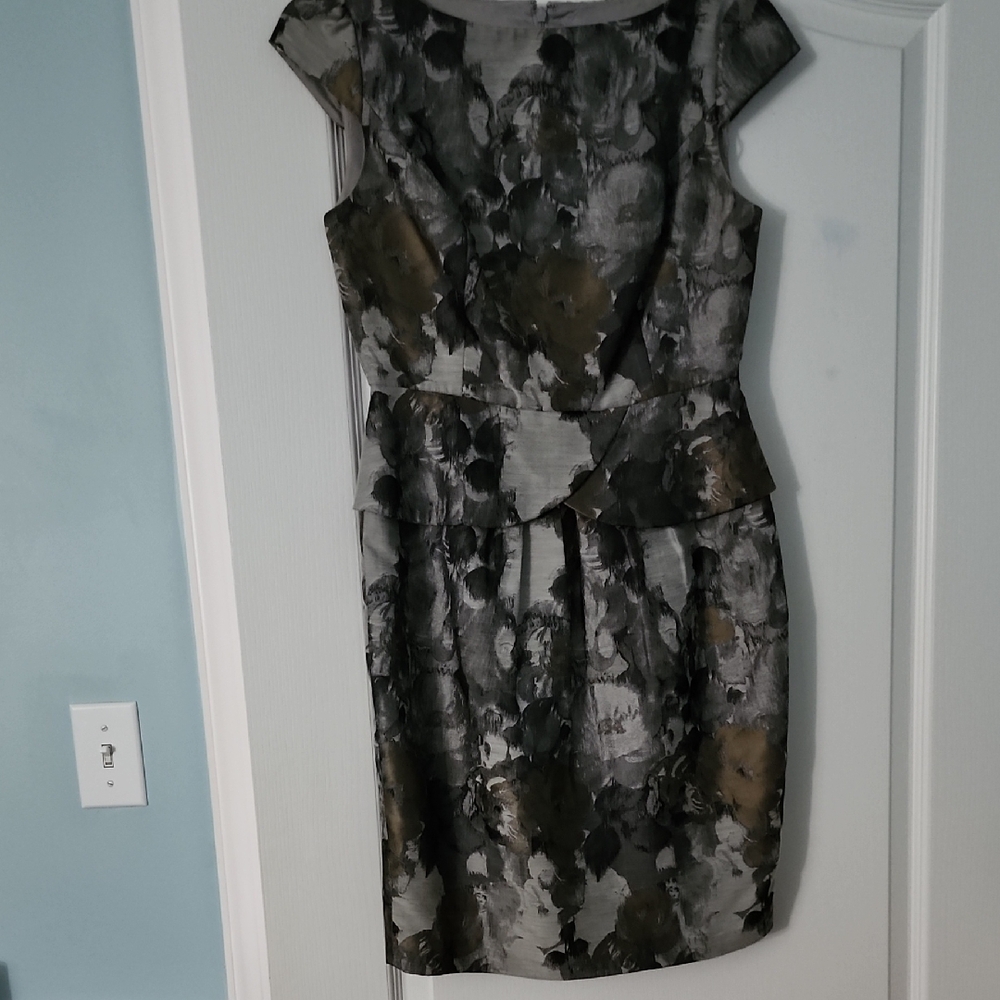 Adrianna Papell Olive Green and Gray Floral Midi Dress